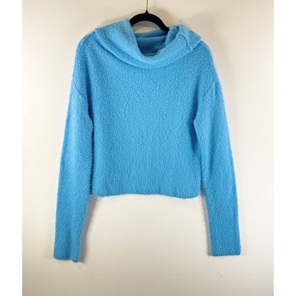 Free People Womens Sweater Blue Stormy Cowl Neck Alpaca Wool Crop Pullover Small - Picture 2 of 10